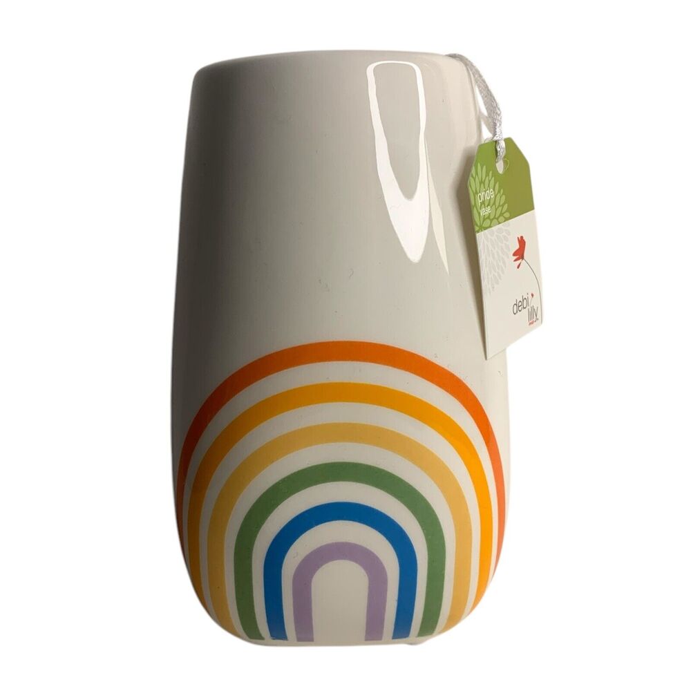 Debi Lily Floral Pride Ceramic White & Rainbow Vase 5.5inX2.5in New LGBT Flowers
